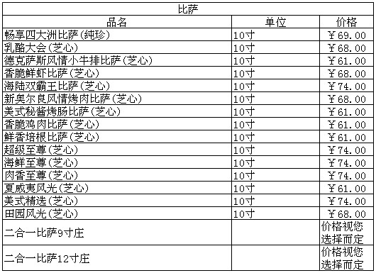 2011最新必胜客菜单及其价格一览表